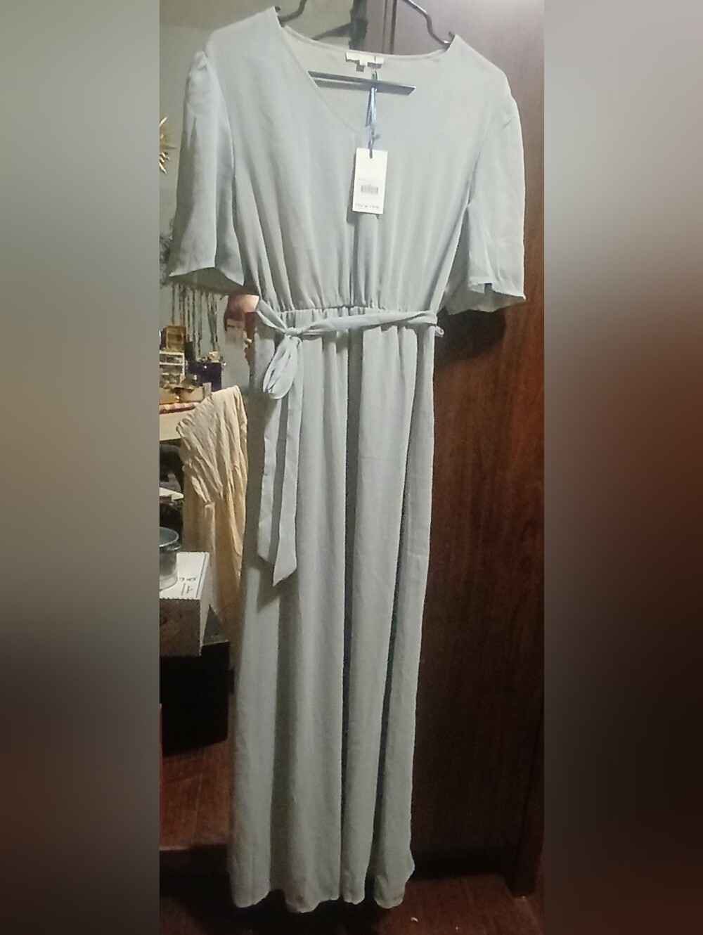 New Woman's Size M tea n rose Sage Green Maxi Dress with Tie Waist